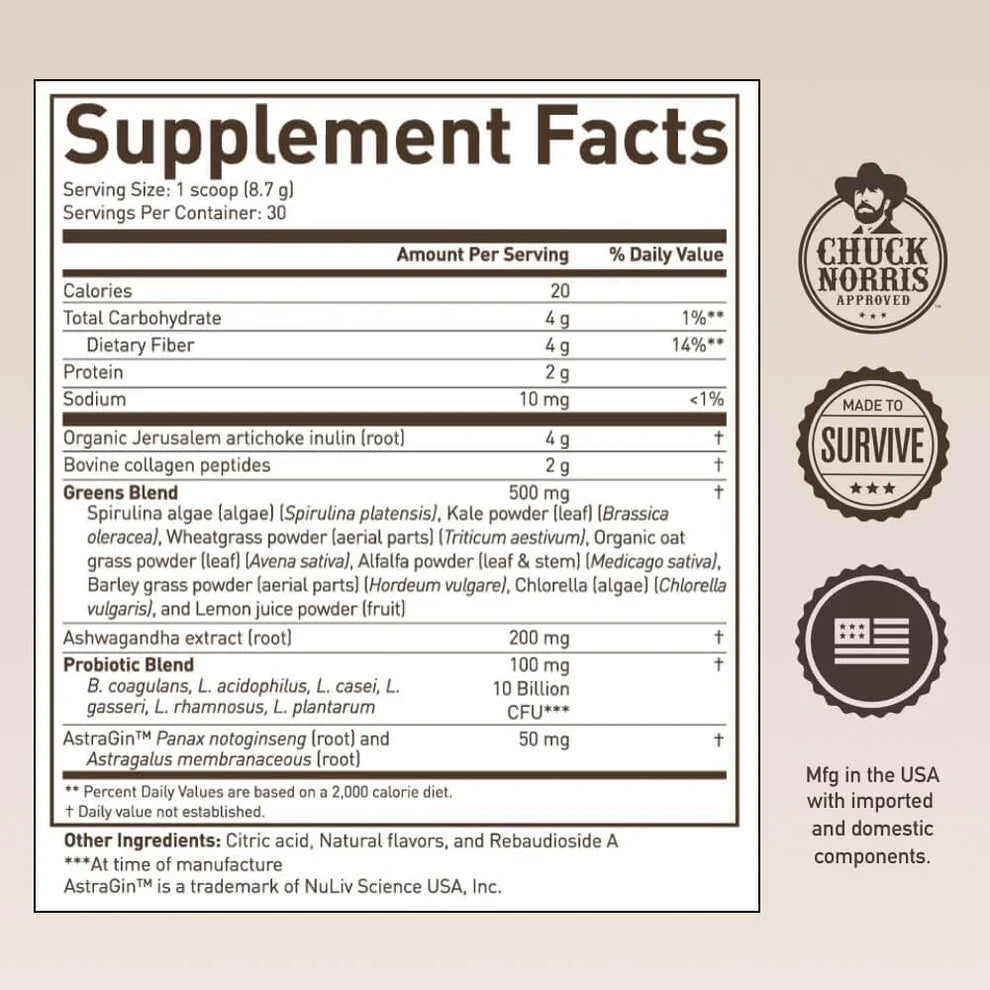 Roundhouse Provisions Morning Kick Superfood Powder – Greens with Ashwagandha, Collagen & Probiotics (9.1 oz)