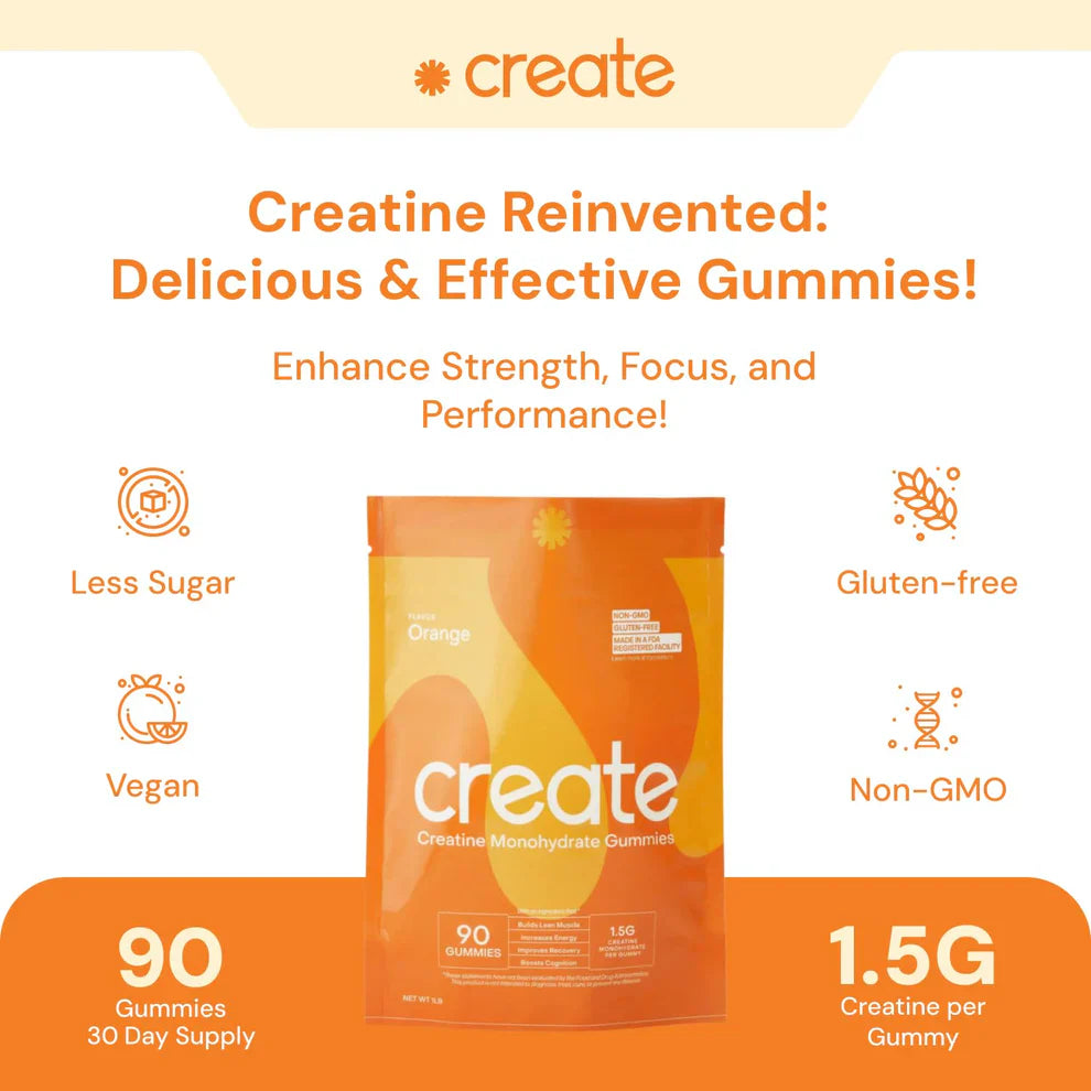 Create Creatine Monohydrate Gummies – Boost Strength & Endurance (90 ct / 1.5g per Gummy, Orange Flavor)