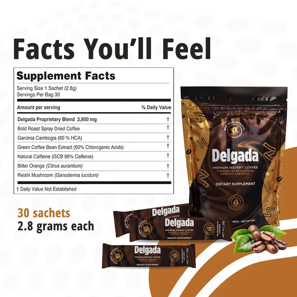 Delgada Instant Coffee with Garcinia Cambogia & Ganoderma – Premium Slimming Coffee (30 Sachets)