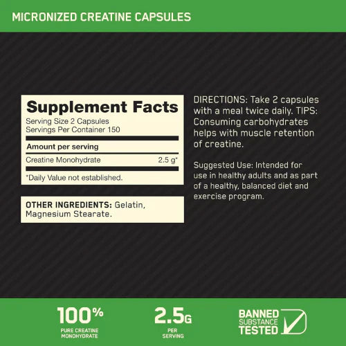 Optimum Nutrition Creatine Monohydrate – 2500mg, 300 Capsules, Keto Friendly